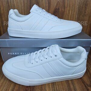 PERRY ELLIS Men's Sneakers Lace-Up Low-Top Faux Leather Upper Shoes, White